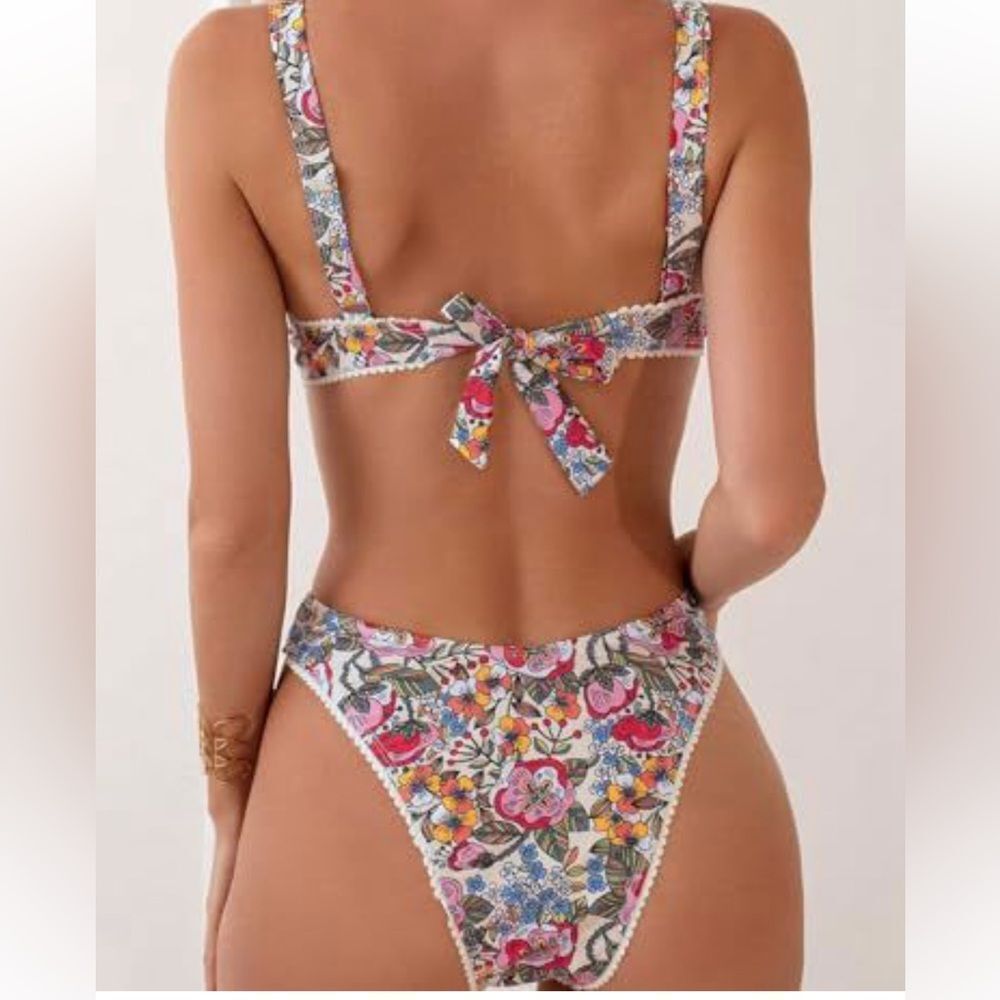 Falainetee Women's Floral Printed High Waisted Knot  Bikini Set White S NWOT - Picture 3 of 6